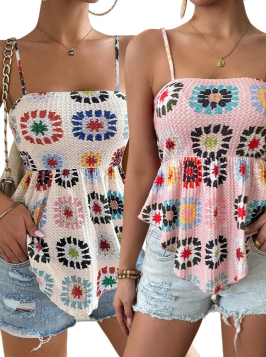 2pcs Women's Vacation Hibiscus Printed Ruffle Hem Casual Camisole Top Graphic Tees