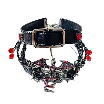 Small Flying Dragon Dark Style Tassel Round Beads Pendant Choker Necklace