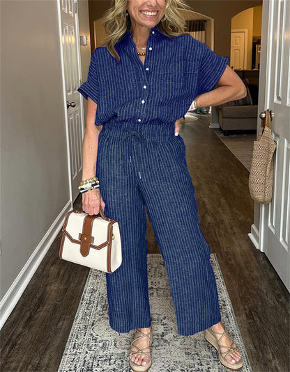 Women's Striped Suit Lapel Short Sleeve Straight Idle Style Trousers