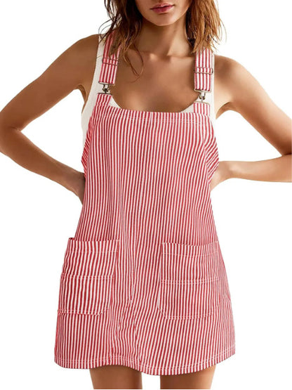 Striped Pocket Strap Adjustable Casual Dress