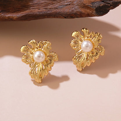 Sweet Personality Flower Pearl Titanium Steel Earrings