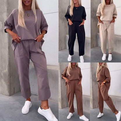 Two-piece Solid Color Round Neck Cropped Pants Set
