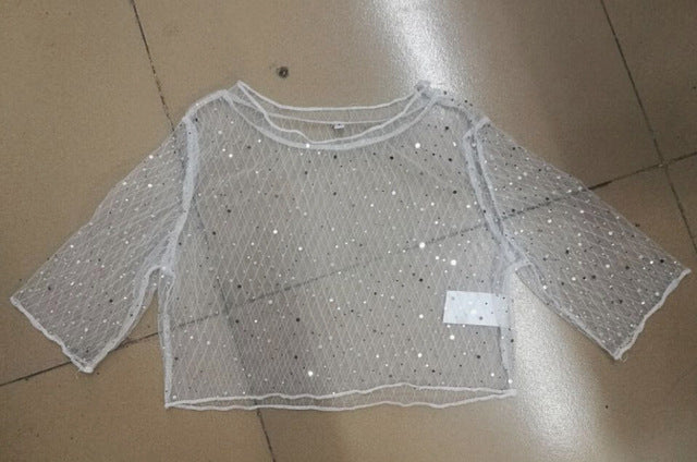 Women's mesh hot rhinestone T-shirt