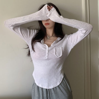 Hot Girl Button V-neck Long-sleeved T-shirt Top