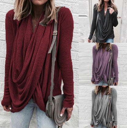 Irregular stacking collar long slim T-shirt