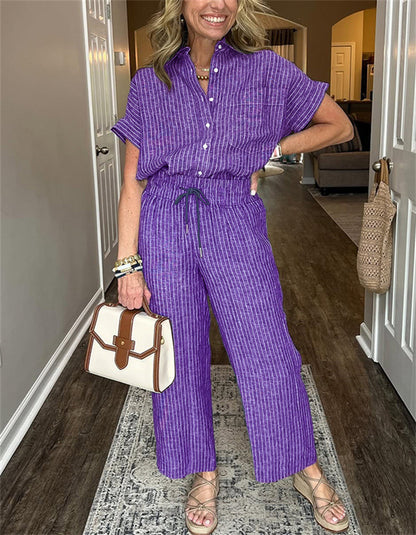 Women's Striped Suit Lapel Short Sleeve Straight Idle Style Trousers