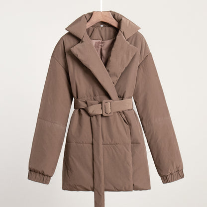 New Thickened Slimming Cinched Cotton-padded Coat Solid Color Belt Cotton Coat Jacket