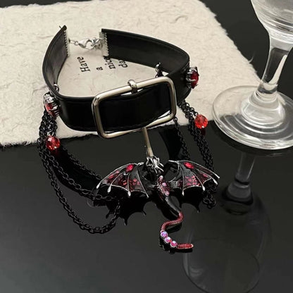 Small Flying Dragon Dark Style Tassel Round Beads Pendant Choker Necklace