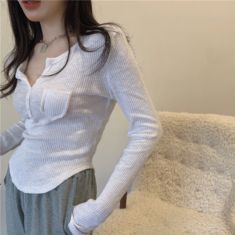 Hot Girl Button V-neck Long-sleeved T-shirt Top