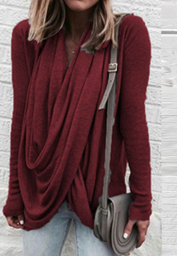 Irregular stacking collar long slim T-shirt