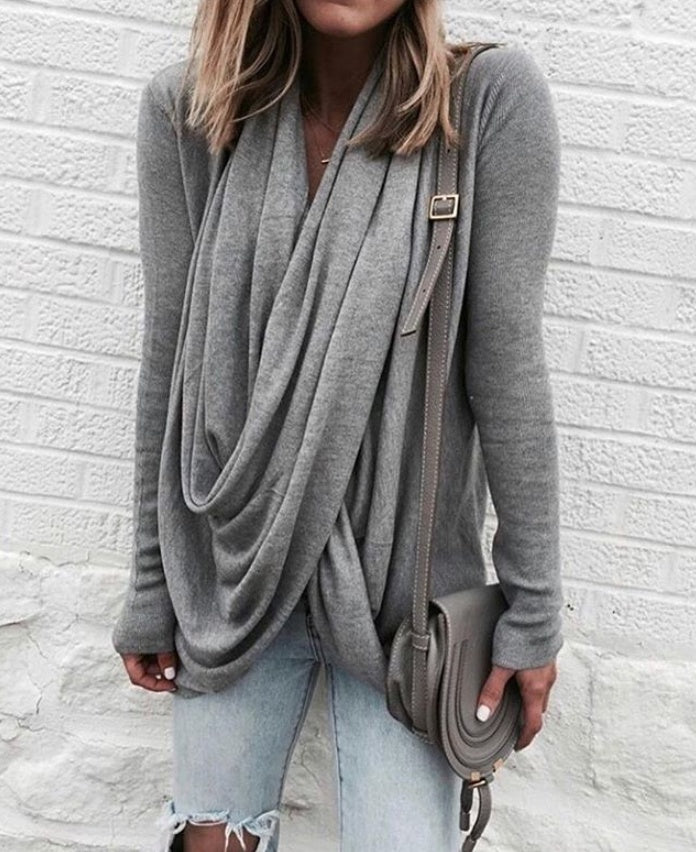 Irregular stacking collar long slim T-shirt