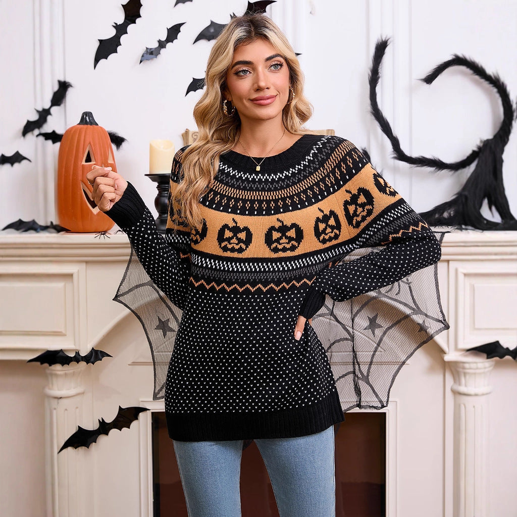 Women's Halloween Pumpkin Embroidered Retro Long-sleeved Sweater