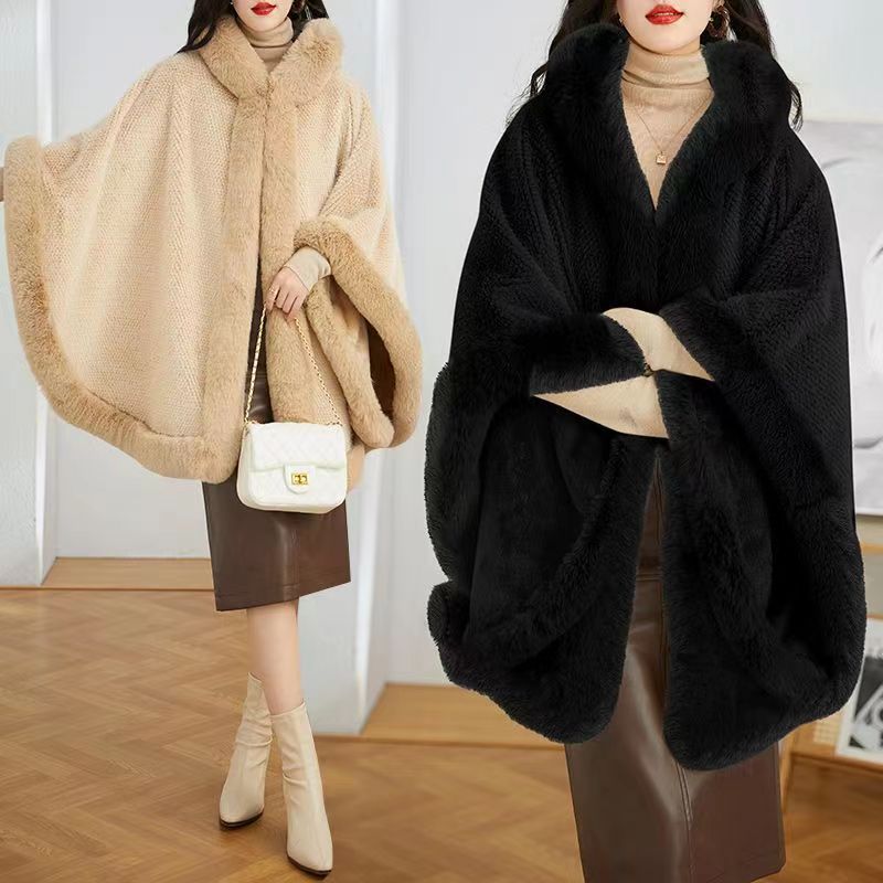 Mid-length Big Fur Collar Cloak Coat