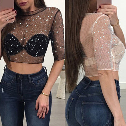 Women's mesh hot rhinestone T-shirt