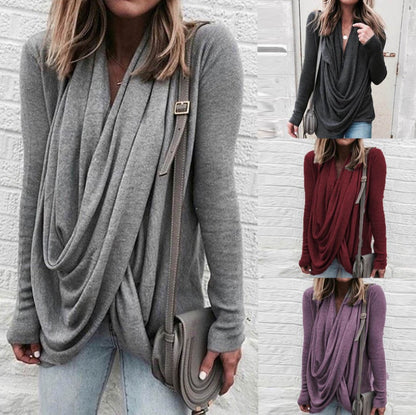 Irregular stacking collar long slim T-shirt