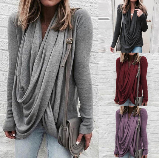 Irregular stacking collar long slim T-shirt