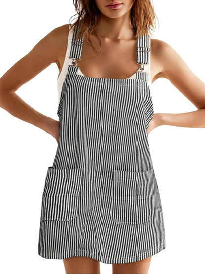 Striped Pocket Strap Adjustable Casual Dress
