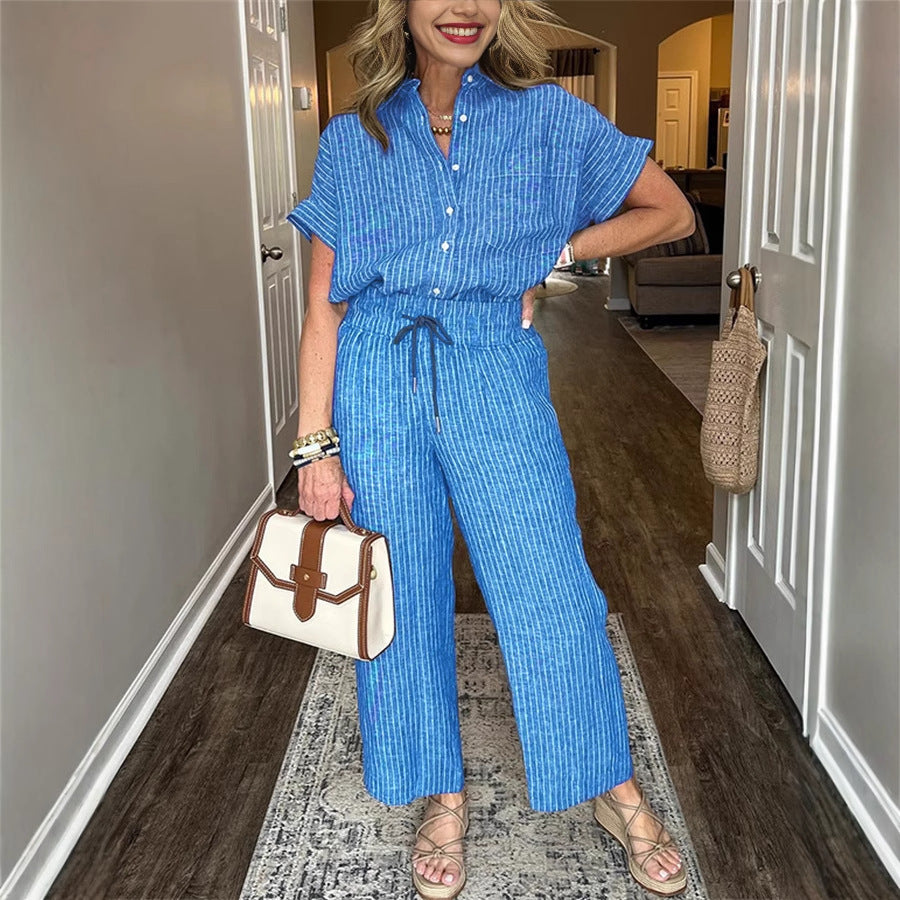 Women's Striped Suit Lapel Short Sleeve Straight Idle Style Trousers