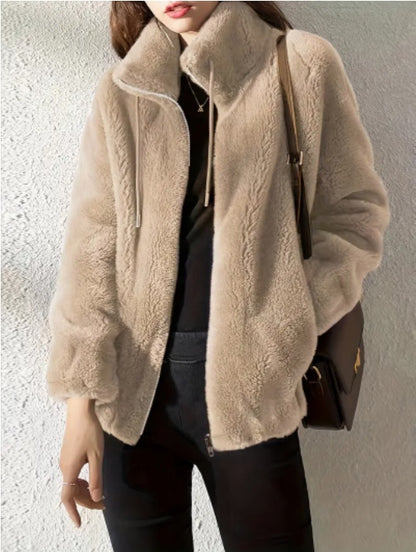 Drawstring Teddy Coat Casual Zip Up Long Sleeve Warm Outerwear Women's Clothing