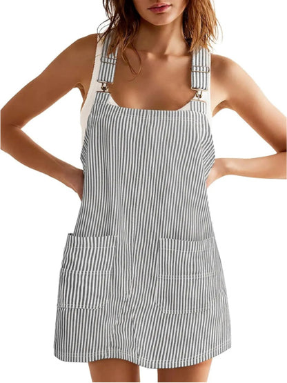Striped Pocket Strap Adjustable Casual Dress