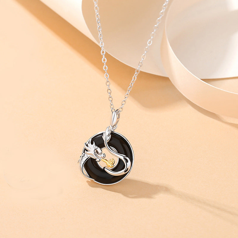 Sterling Silver Dragon And Phoenix Peace Buckle Men And Women Original Zodiac Dragon Black Onyx Necklace