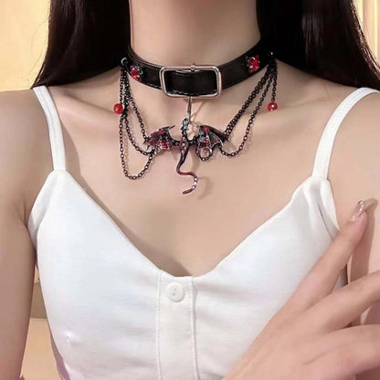 Small Flying Dragon Dark Style Tassel Round Beads Pendant Choker Necklace