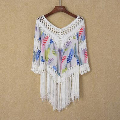 Printed Stitching Tassel Bikini Beach Shirt
