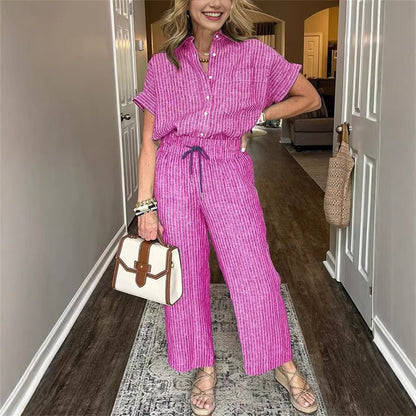 Women's Striped Suit Lapel Short Sleeve Straight Idle Style Trousers