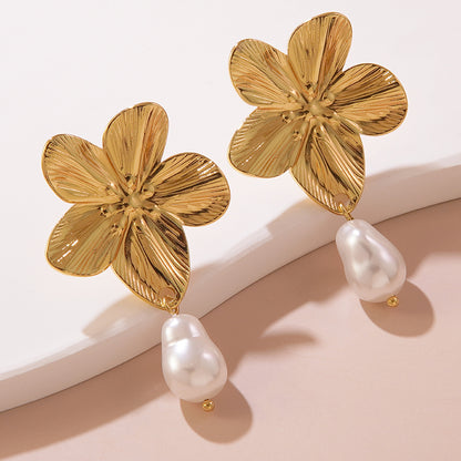 Sweet Personality Flower Pearl Titanium Steel Earrings