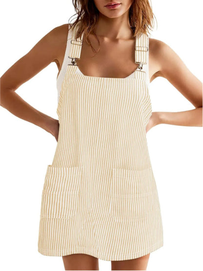 Striped Pocket Strap Adjustable Casual Dress