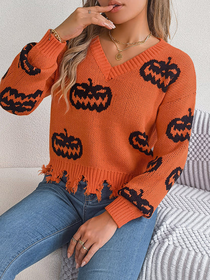 Halloween Contrast Color Pumpkin Cut Long Sleeve Sweater