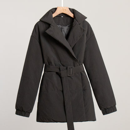New Thickened Slimming Cinched Cotton-padded Coat Solid Color Belt Cotton Coat Jacket