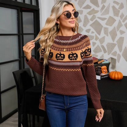 Women's Halloween Pumpkin Embroidered Retro Long-sleeved Sweater